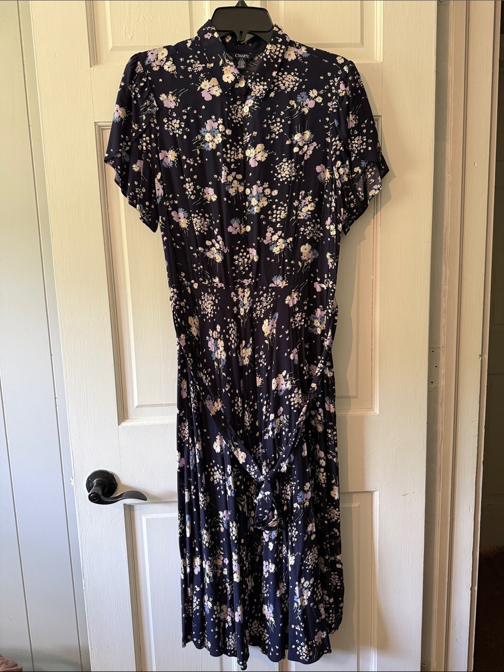 Chaps Navy Floral Button-Front Tie-Waist Midi Dress
